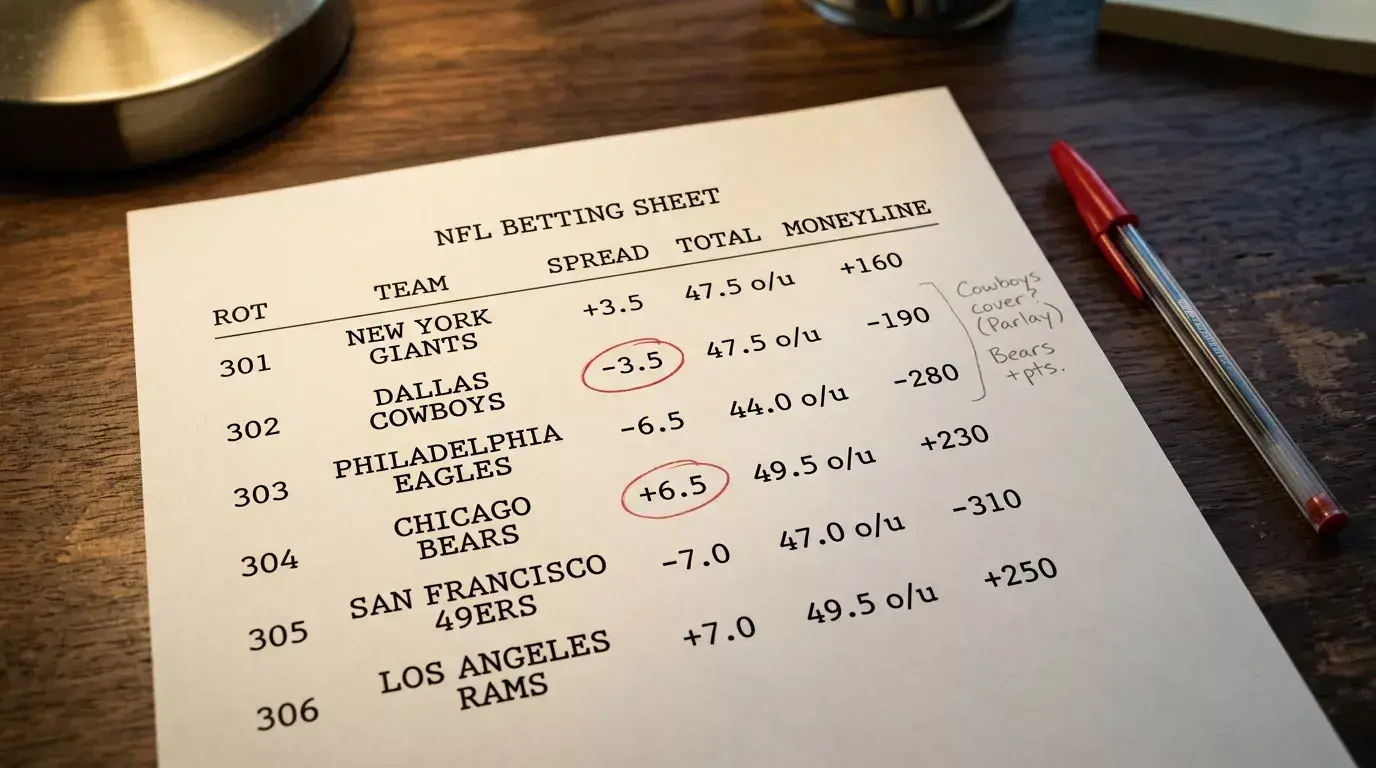 Close-up of an NFL betting sheet with rotation numbers, spread, total and moneyline columns marked in red pencil
