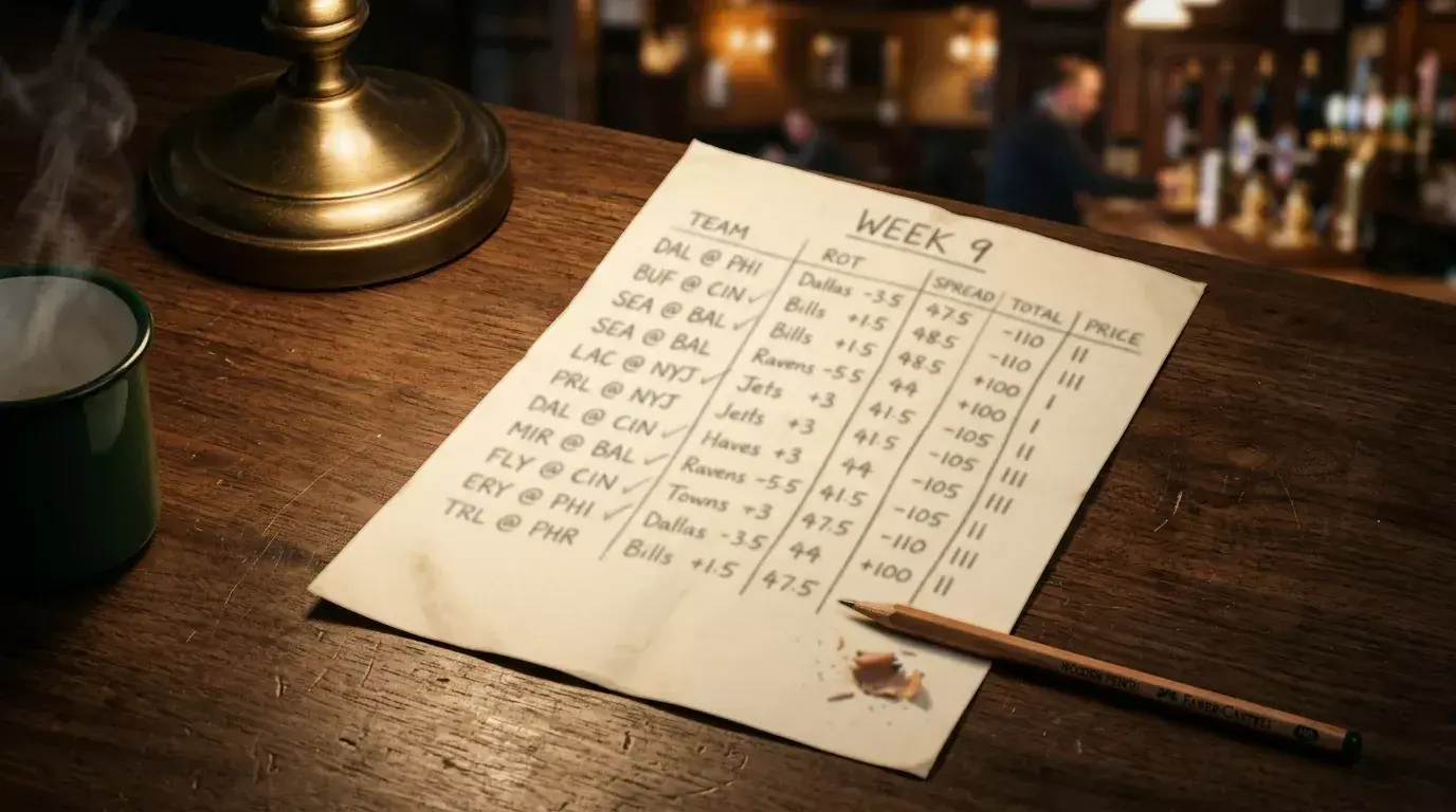 A printed UK NFL weekly betting sheet annotated in pencil with rotation numbers, handicap lines and fractional odds