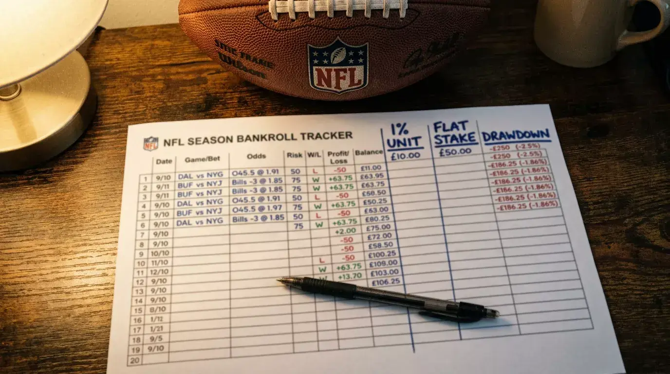 NFL betting bankroll tracker showing unit sizing, flat staking allocations and drawdown management for UK punters