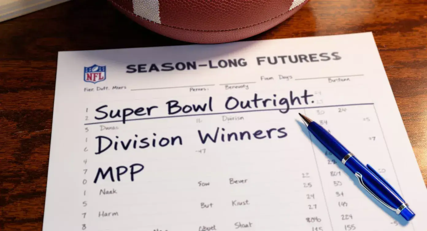 UK NFL futures betting sheet with Super Bowl outright, division winners and MVP markets