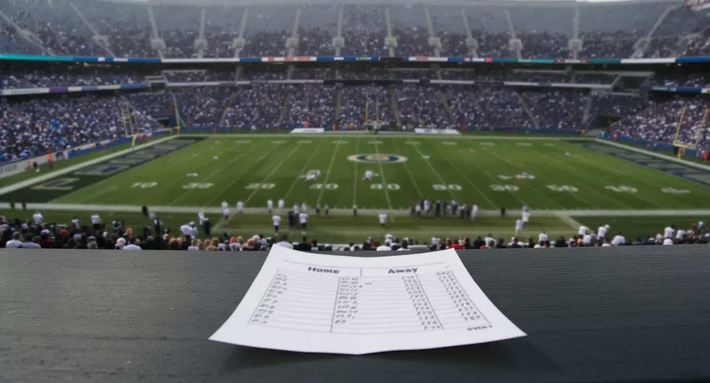 NFL stadium crowd noise visualization with UK bet slip showing home/away splits
