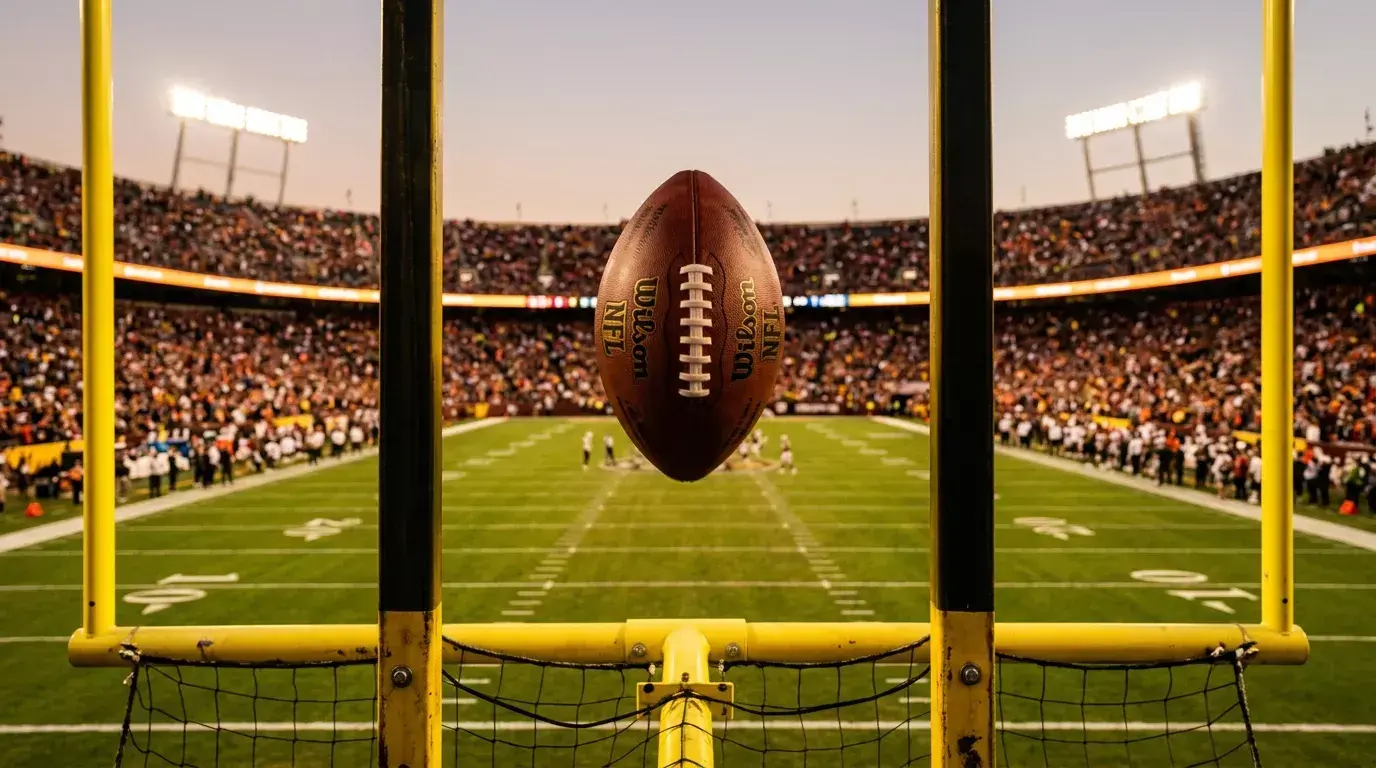 An American football spinning in mid-air between the yellow goalpost uprights of an NFL stadium