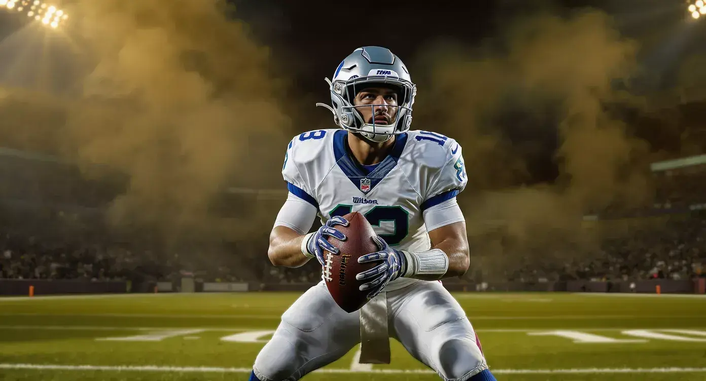 An NFL quarterback under his helmet visor reading the defence at the line of scrimmage under stadium floodlights