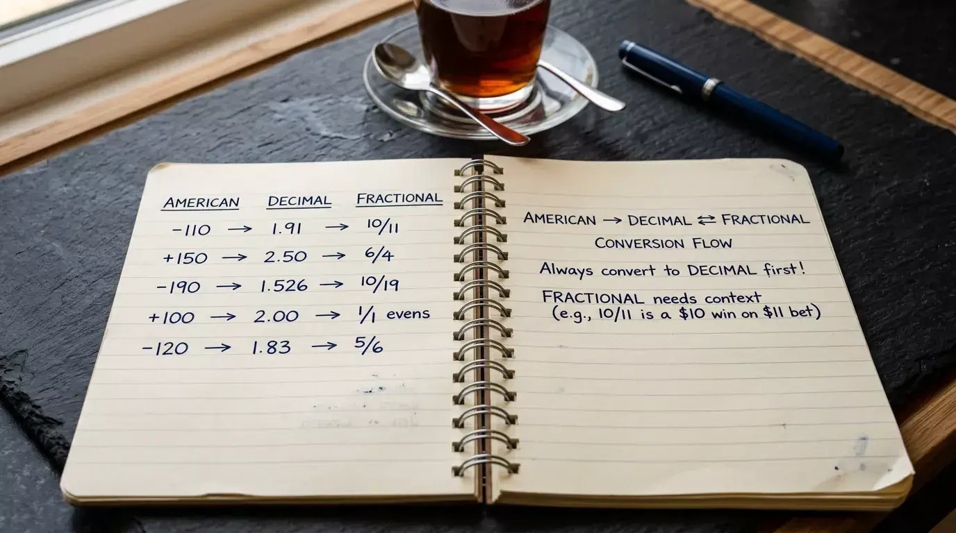 A spiral notebook page showing handwritten conversions of American minus 110 odds into decimal 1.91 and fractional 10 over 11