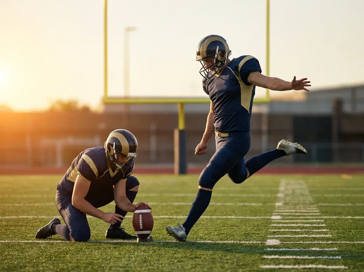 An NFL place kicker striking a field goal attempt with the ball mid-flight toward the uprights