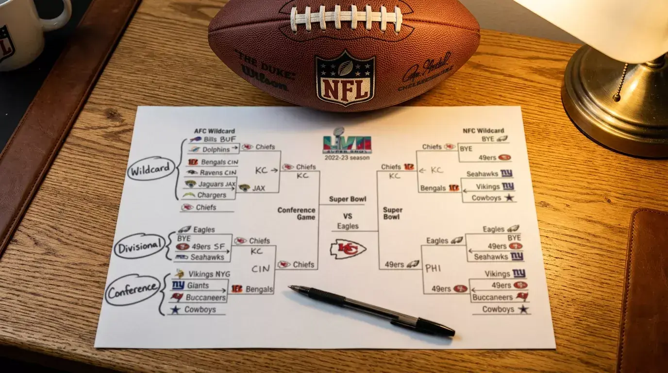 NFL playoff bracket with UK betting markets showing wildcard divisional conference rounds