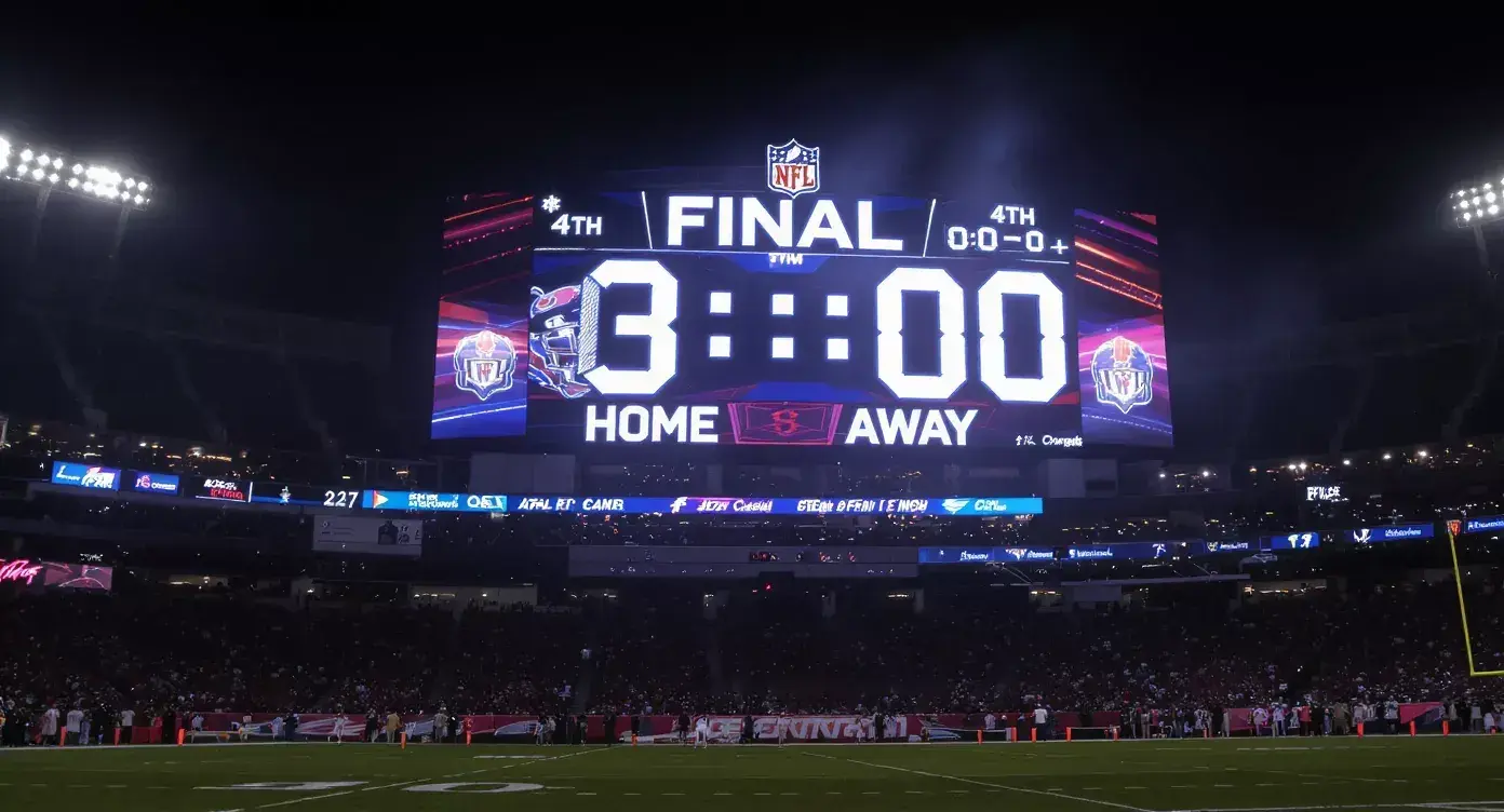 A floodlit NFL stadium scoreboard at full time showing a final scoreline with a three-point margin and the clock at zero