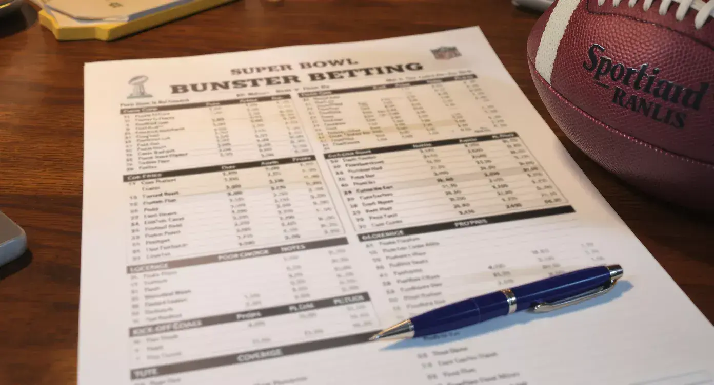 UK Super Bowl betting sheet showing core markets, props block and kick-off coverage layout on one page