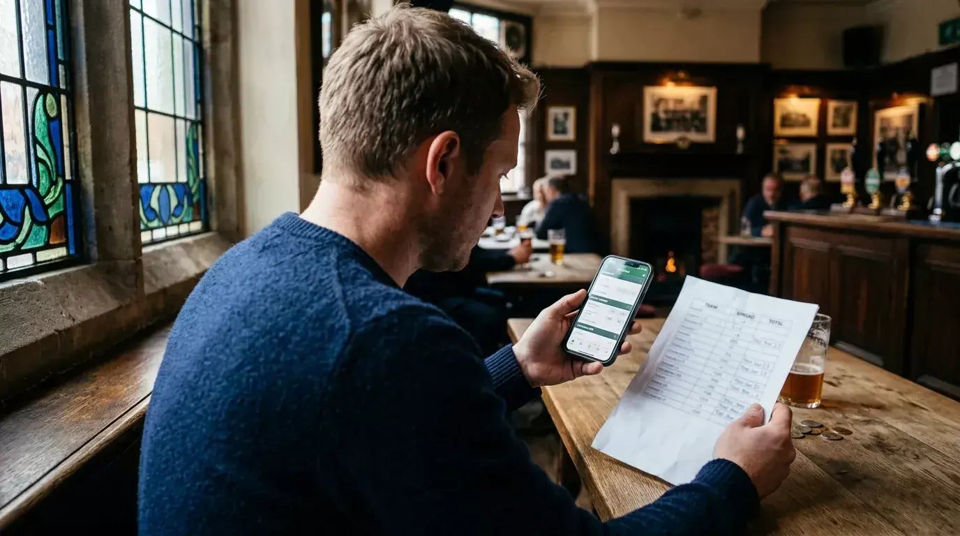 A British punter at a wooden pub table cross-referencing a printed US NFL line sheet against a UK style mobile betting coupon on his phone