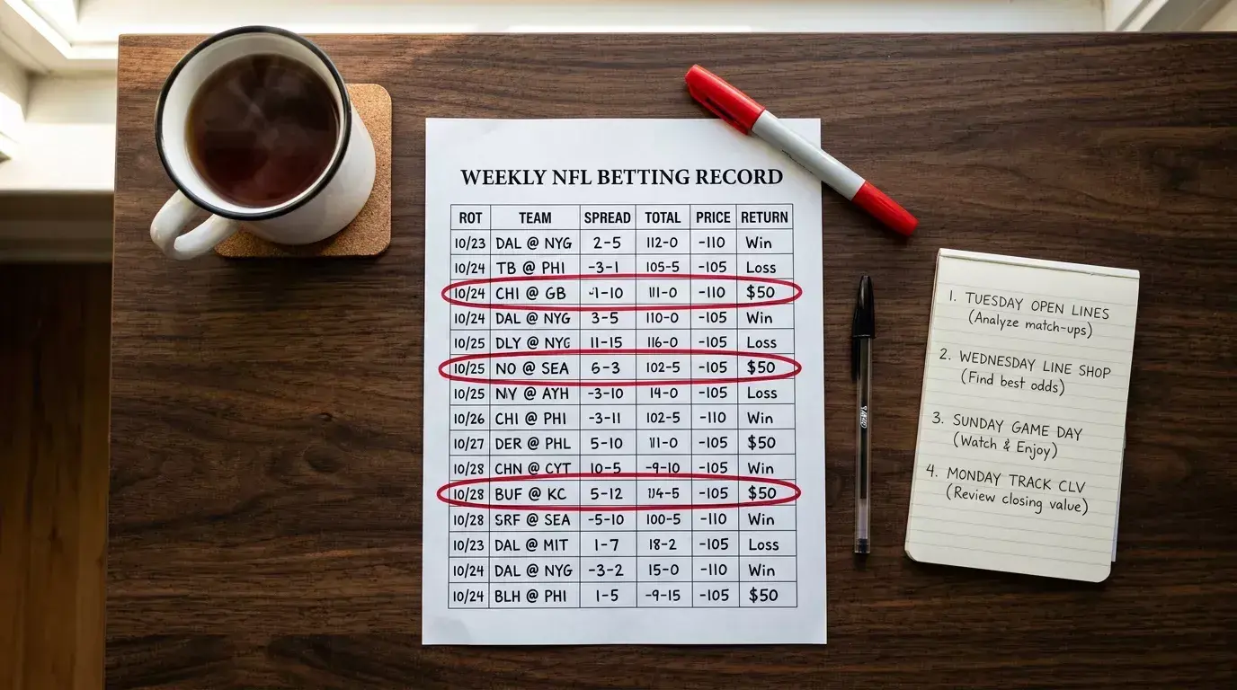 A flat-lay of a printed weekly NFL betting sheet alongside a marker pen, a mug of tea and a notebook page listing the Tuesday to Monday workflow steps